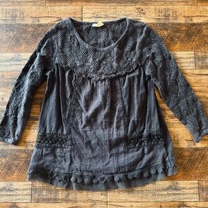 Anthropologie Meadow Rue Lace Boho XS Gray Long Sleeve Crochet Peasant Blouse